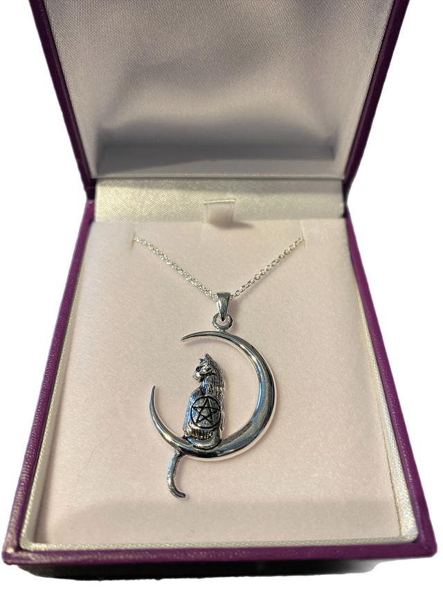 Sterling silver pentacle cat on moon necklace