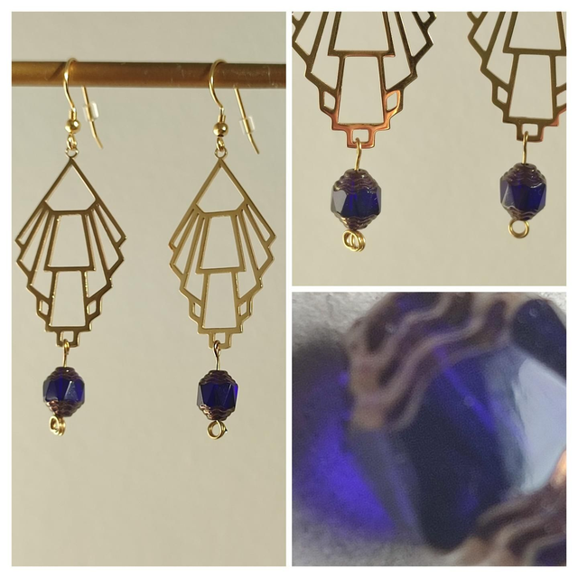 Z-Boucles d&#039;oreilles &quot;art déco&quot; et perles en verre bleu et or, fermoirs en acier inoxydable,sans nickel, pièce unique 