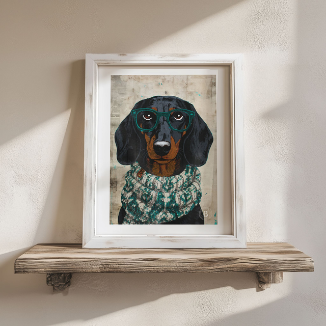 Dachshund Dog In Glasses Mixed Media Art Print A4