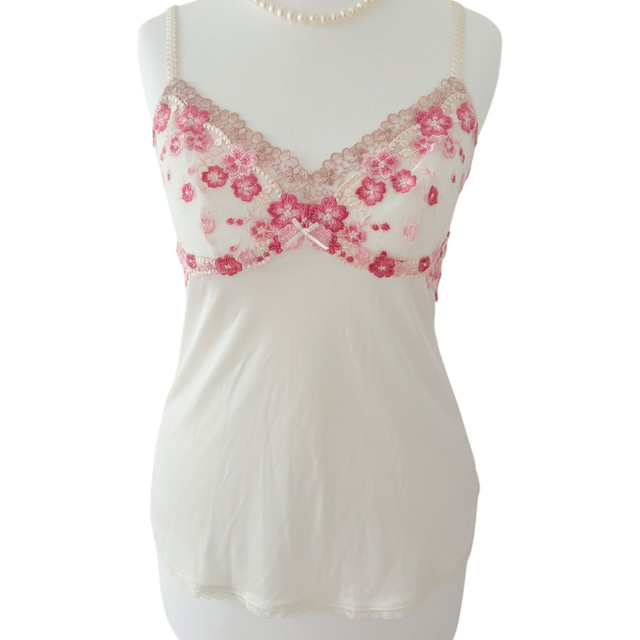 Japanese brand coquette pink and white floral embroidered cups cami