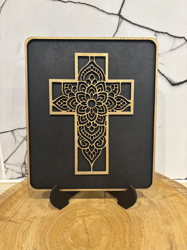 Cadre croix chrétienne Or sur noir