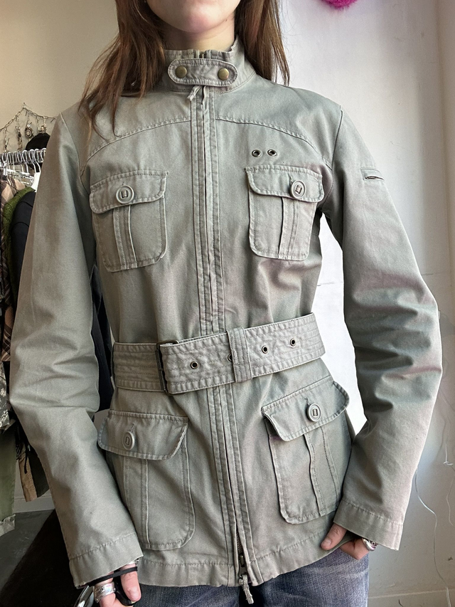 khaki cotton benetton double zip jacket