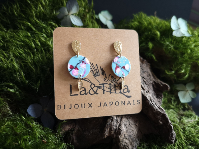Boucles d'oreilles - puces - papier washi - fleurs de prunier - feuille - laiton - La&Titia
