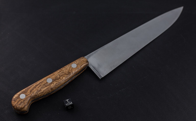 Couteau de chef, éminceur traditionnel - manche en loupe de frêne de qualité exceptionnelle, lame inox