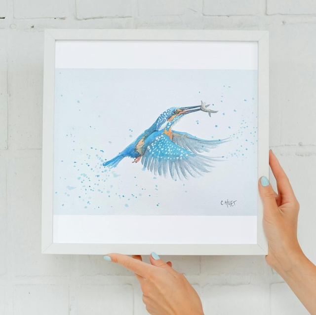 Tableau original à l'aquarelle martin pêcheur sortant de l'eau, 15*19 environ