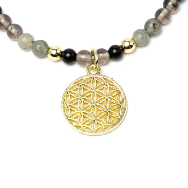 Collier de Protection Fleur de Vie – Tourmaline, Obsidienne &amp; Labradorite