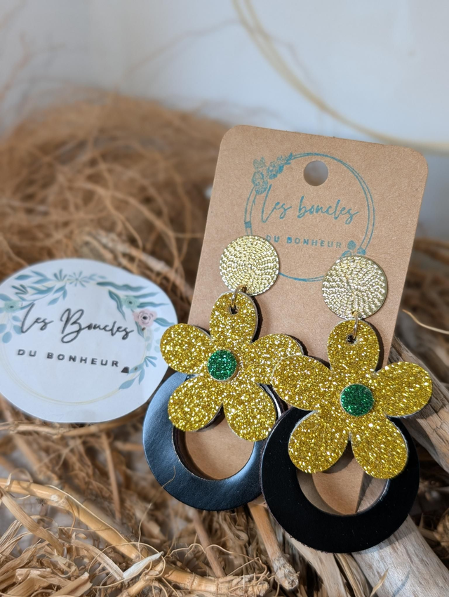 Boucles d&#039;oreilles Baby Marguerite jaune paillettes bm097