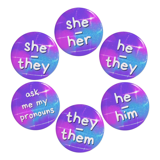 Pronoun Button Badge With Rainbow Holographic Effect