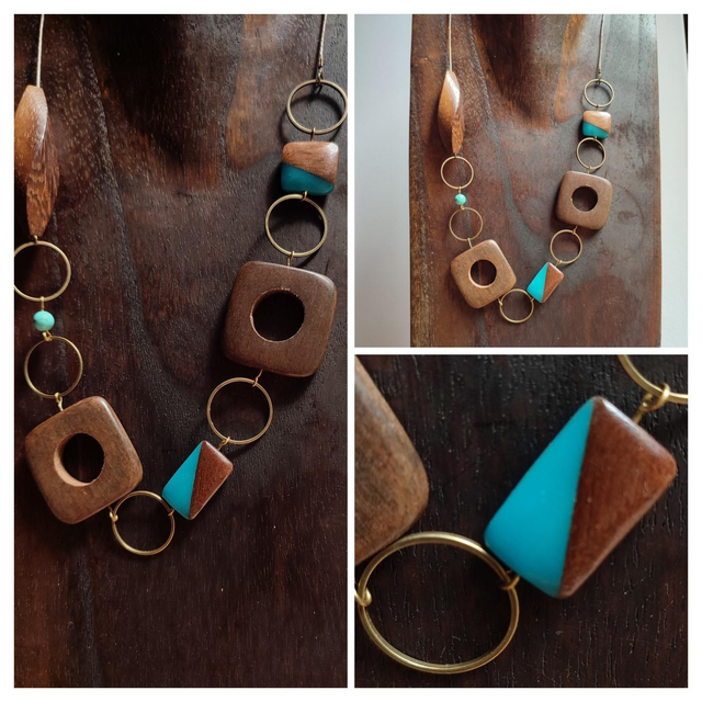 Sautoir bois et turquoise, laiton bronze monté sur fil de lin réglable, pièce unique 