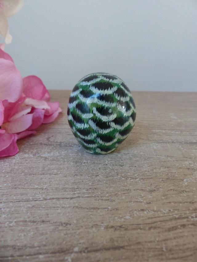 Figurine miniature chouette en plâtre peinte main vintage, chouette ovale verte cadeau porte bonheur, chouette décoration maison campagne