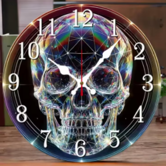 Ronde wandklok van hout Kristallen Schedel (25cm)