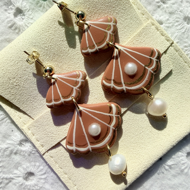 RHEA - Scalloped Shell Shaped Statement earrings with Pearl drops