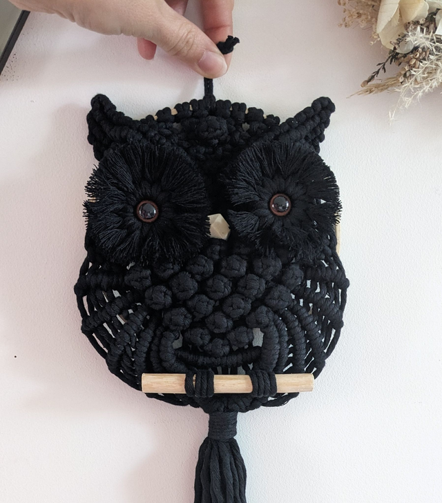 Hibou macramé &quot;Noir&quot; (Moyen)