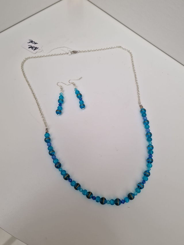 Parure Bijoux Collier Boucles D'oreilles Bleu Doré Argenté