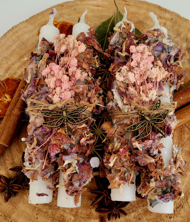 Bougies ritualisées Amour - roses séchées et lavande (la paire)