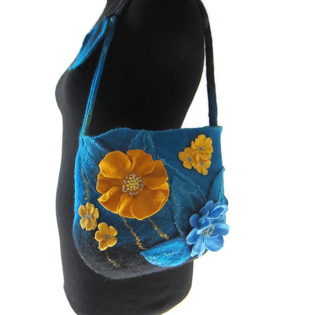 Bag women handmade wool felted shoulder Bag blue turquoise yellow mustard gift for women unique bag for girl bag boho flowers felt handiwork