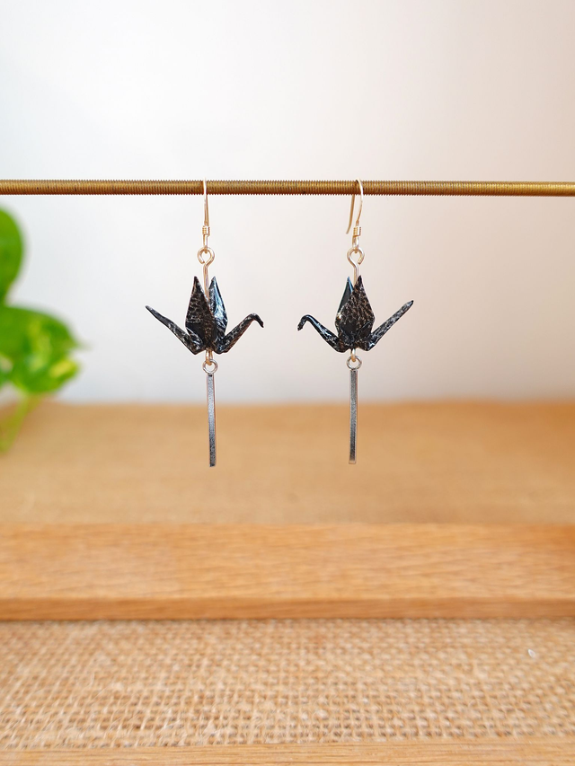 Origami oiseaux, grues / Argent 925 / Papier japonais washi / Noir, Argent / Boucles d&#039;oreilles / Bijou origami /