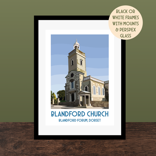 Blandford Church, Travel Poster Print - Vintage Style Dorset Wall Art