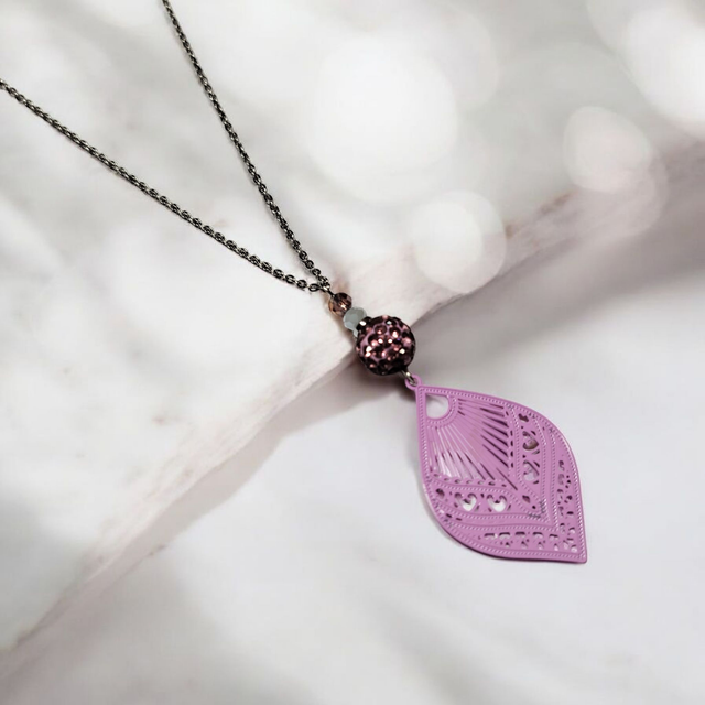Collier acier inoxydable et cristal parme