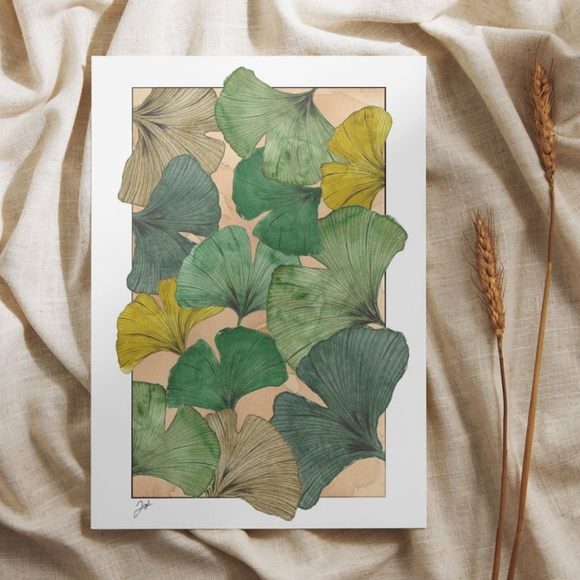 Carte postale - Café - Ginkgos, Vert sur Café