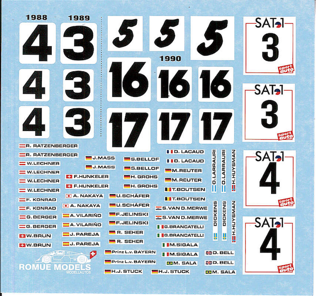 Zusatz Decal Brun Porsche 1988 - 1989 Start Nr. + Fahrer Namen Decal 1:24