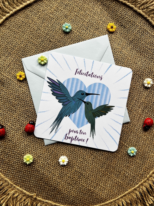 Carte de vœux Baptême &quot;Envol&quot; - bleu/vert