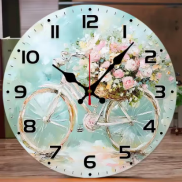 Ronde wandklok van hout Fiets met bloemen (25cm)