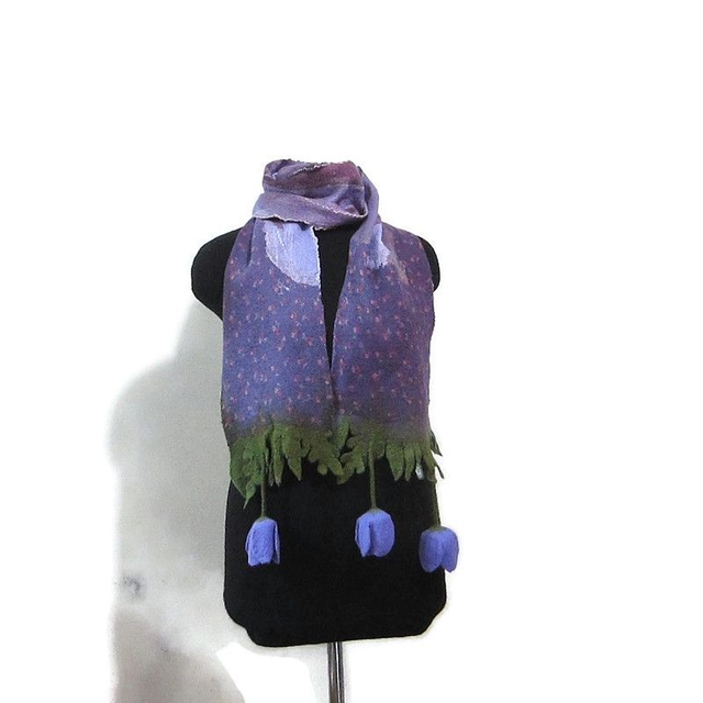 Sciarpa lana merino seta infeltrita fiori Sciarpa Caldo Fatto a mano viola lunga donna regali unici donne regalo ragazza Sciarpa bohémien