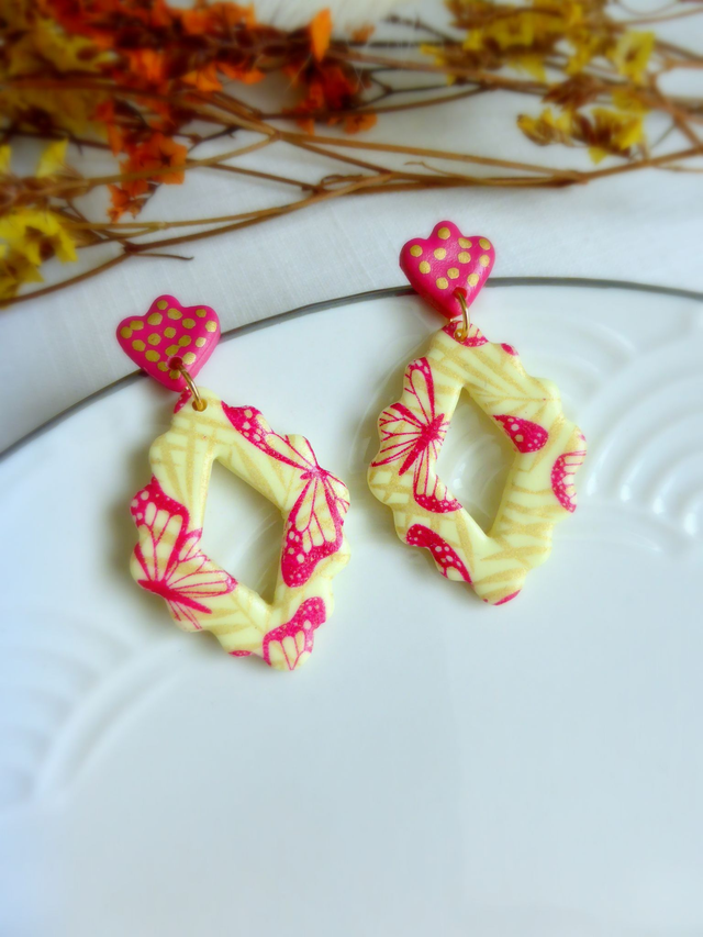 Boucles d'oreilles losanges - Papillon rose