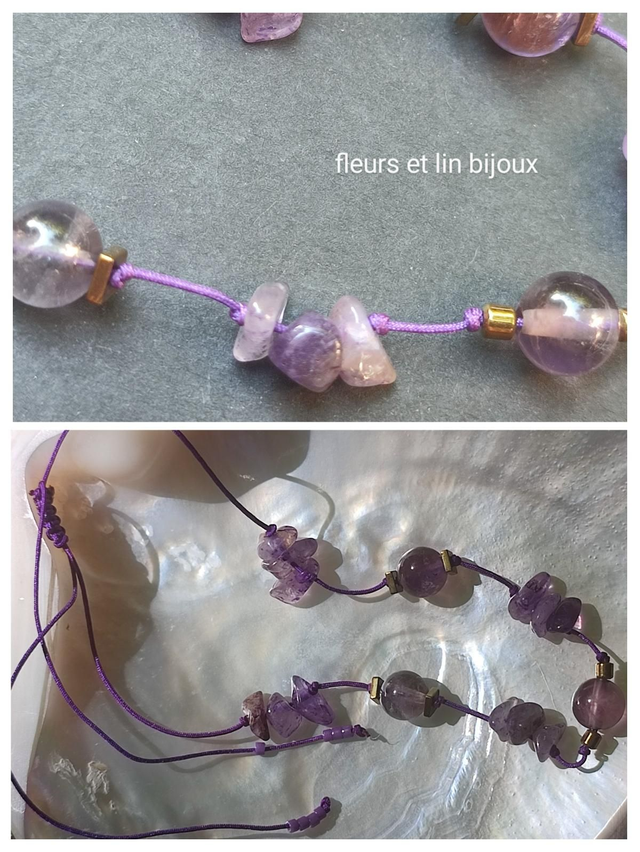 Bracelet améthyste ( pierres naturelles) réglable sur fil de jade résistant, pièce unique 