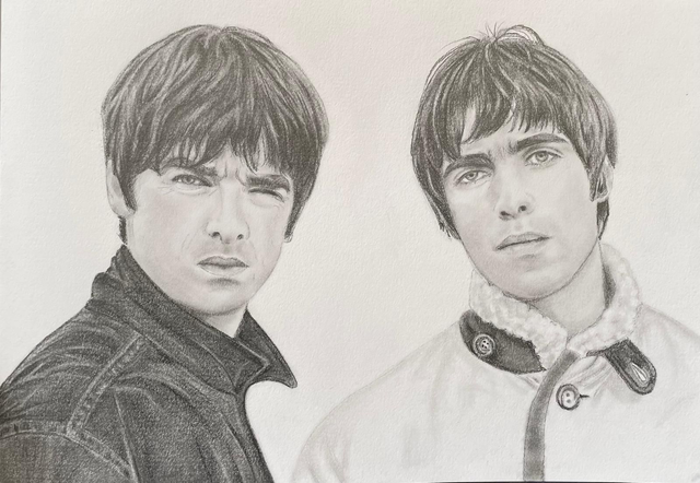 Hand drawn pencil portrait of Oasis brothers Liam &amp;Noel Gallagher 