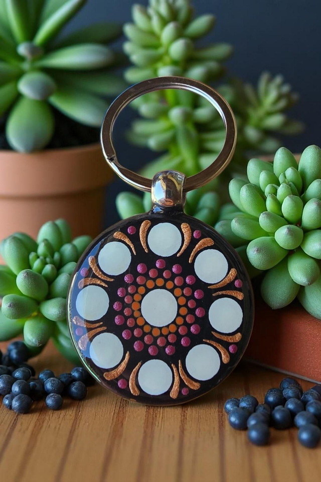 Porte-clés rond mandala peint recto verso orange, cuivré, fuchsia, mandala pointillisme