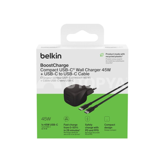 BELKIN Caricatore da Parete 45W + Cavo USB-C a USB-C 1m (PVC) (Nero)