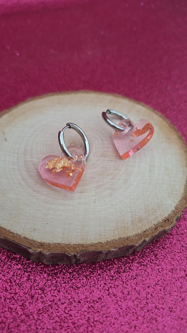 Créoles argentées cœurs rose transparent et feuilles d&#039;or 