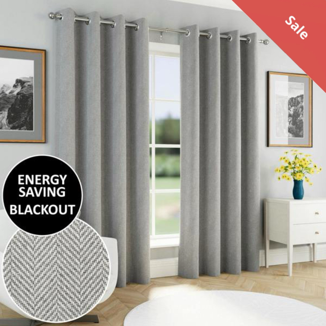 Enhanced Living Chester Grey 100% Blackout Herringbone Jacquard Readymade Eyelet Curtains