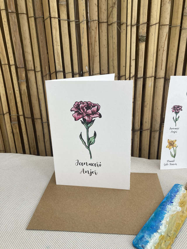 Ansichtkaart Geboortebloem Januari Anjer in kleur, inclusief envelop, van originele tekening, met of zonder tekst