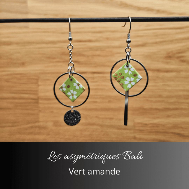 Boucles d'oreilles asymétriques Bali - Vert amande