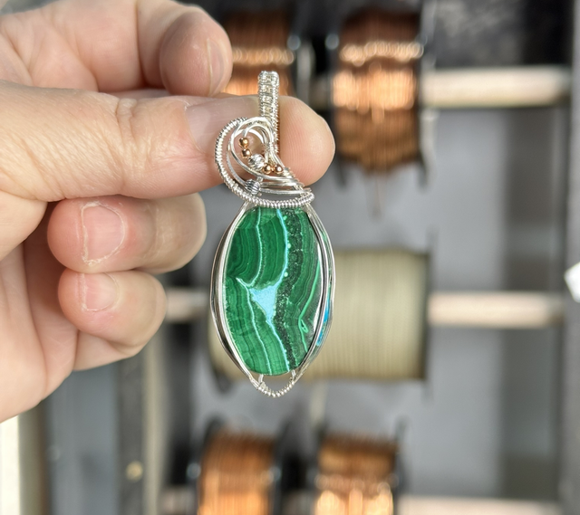 Malachite &amp; Crysocolla 925 silver wrapped pendant 