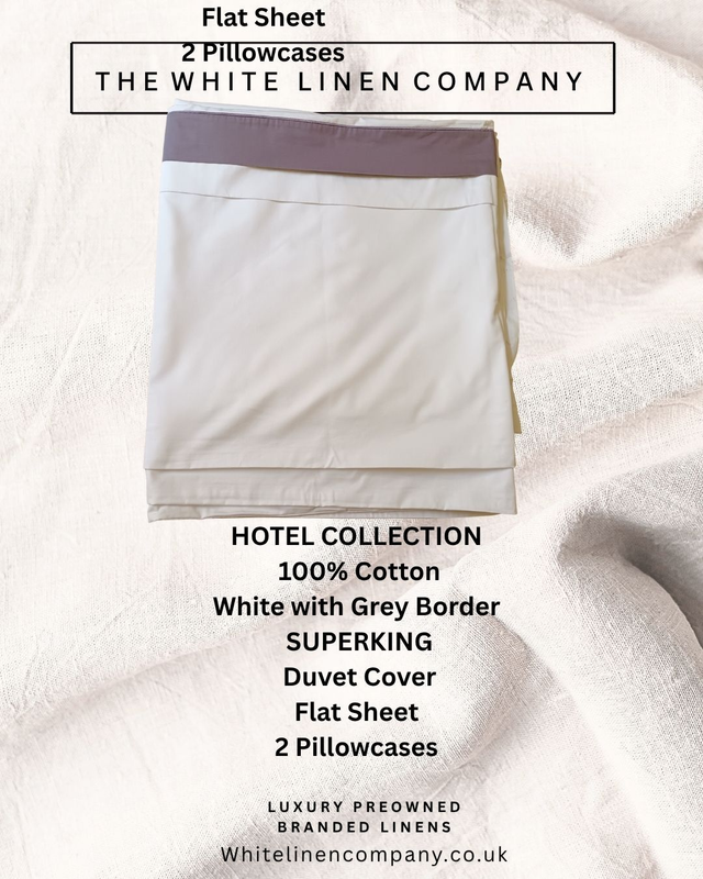 HOTEL COLLECTION Super King White W Grey Border 100% Cotton Duvet Cover 2PC