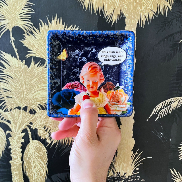 "This Dish is for Rings, Rage, and Rude Words" Dark Blue Upcycled Trinket Dish - House of Frisson