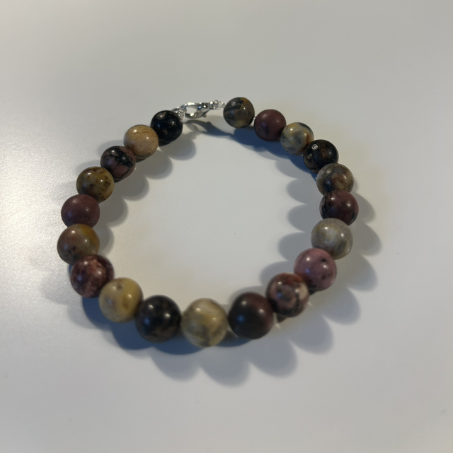 Circular: Crazy lace agate, lepoard skin jasper, Rhodinite Bracelet