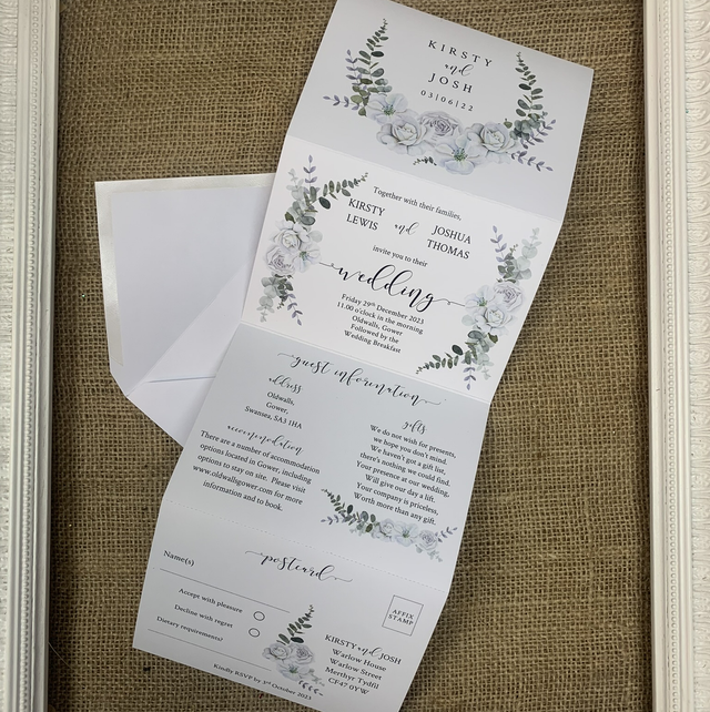"Gwen" - Eucalyptus, white roses and flowers - concertina Wedding invitations - including guest information &amp; RSVP