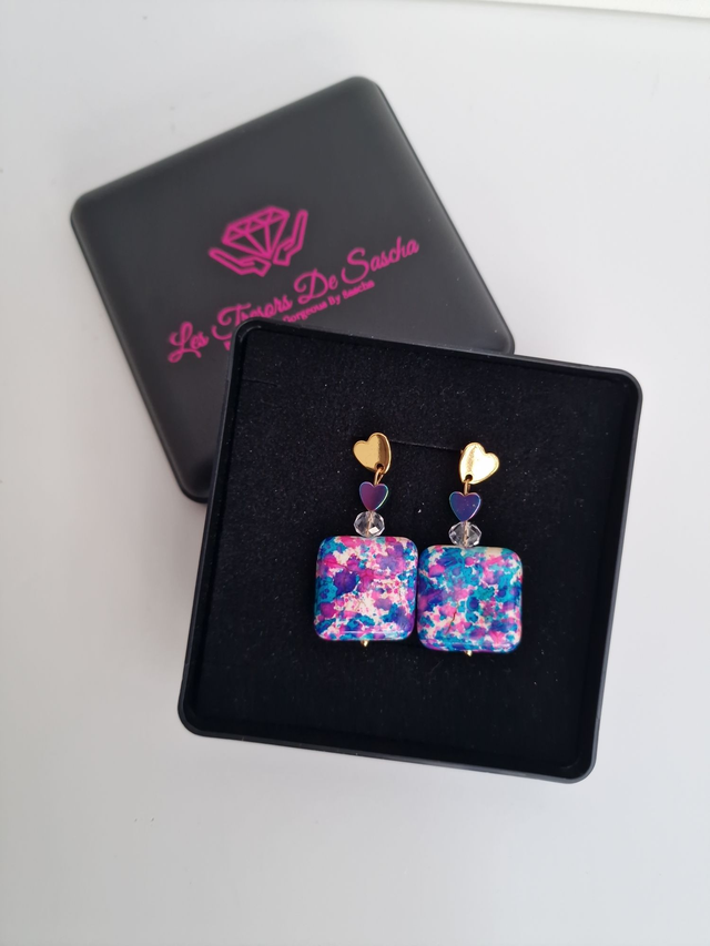 Boucles D'oreilles Acier Cœurs Multicolore Pierres Naturelles Multicolore