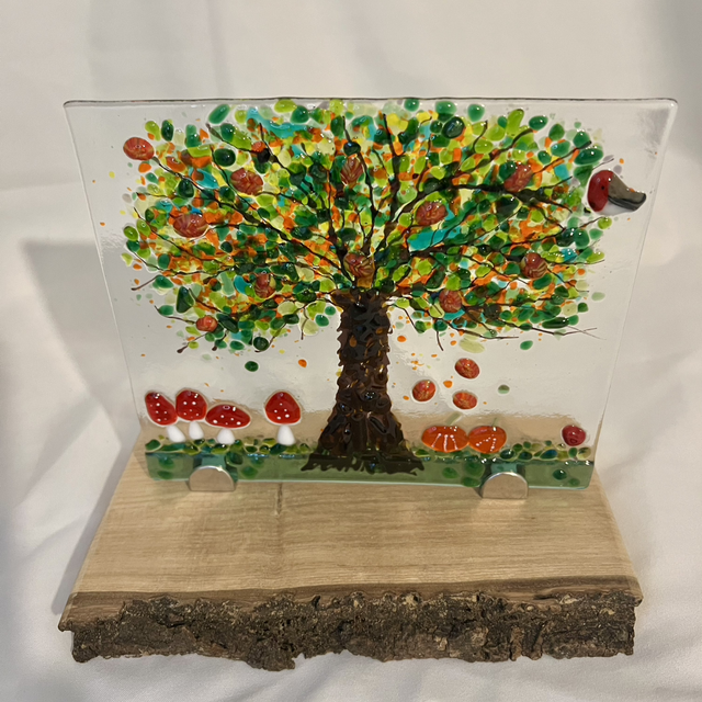 Autumnal Tree Scene Fused Glass Picture on Wooden Base