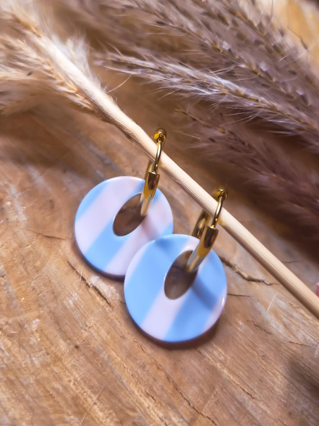 Boucles d'oreilles modulable "Les rayées" - Modèle doré et bleu et blanc