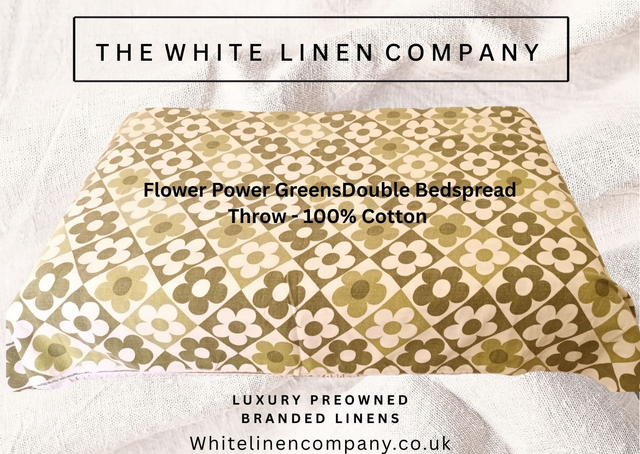 Flower Power Green Retro Vintage Double Bedspread Throw 100% Cotton