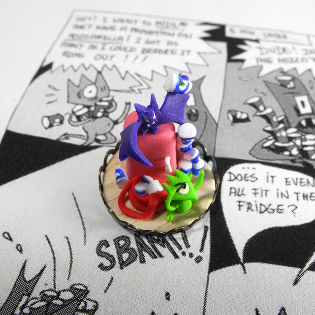 The Mozzarella War – Bat versus Demon - weird collaborative Miniature Sculpture with Paul Winck