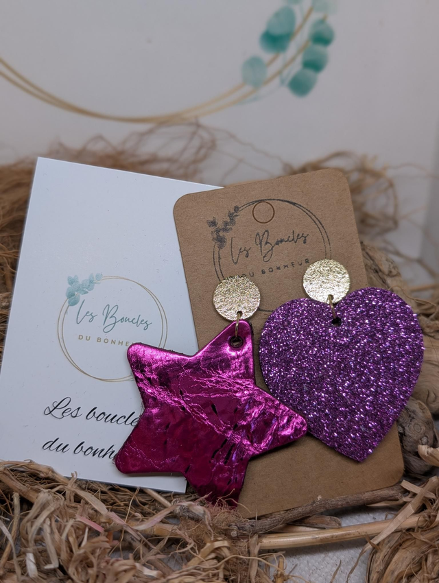Boucles d'oreilles Asymétrique fushia violet paillettes zk123