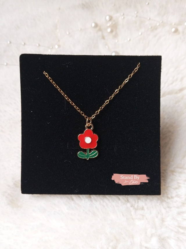 Collier acier inoxydable fleur rouge