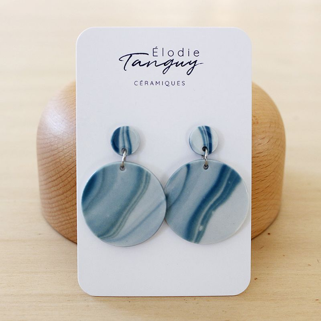 Boucles d’oreilles en porcelaine – Rondes - Bleu émeraude - Brillant